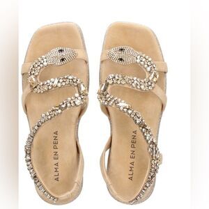 ALMA EN PENA crystal rhinestone dress shoes FLAT sandals snake open toe platform